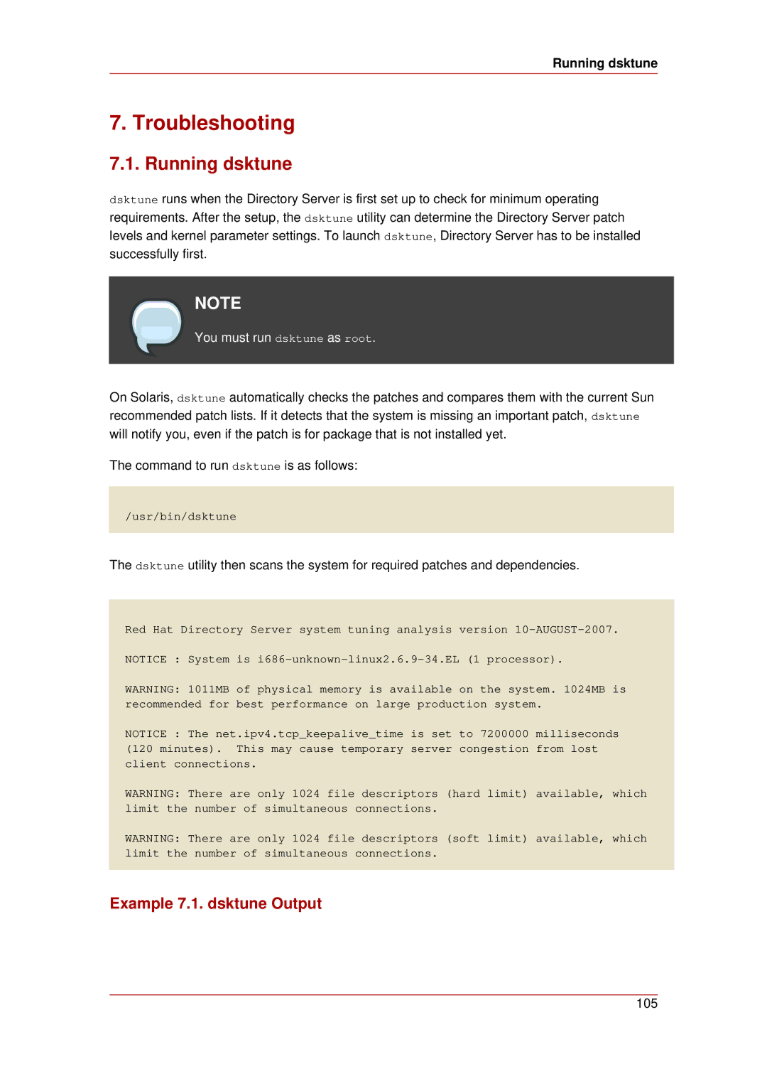 HP UX Red Hat Direry Server Software manual Troubleshooting, Running dsktune, Example 7.1. dsktune Output 