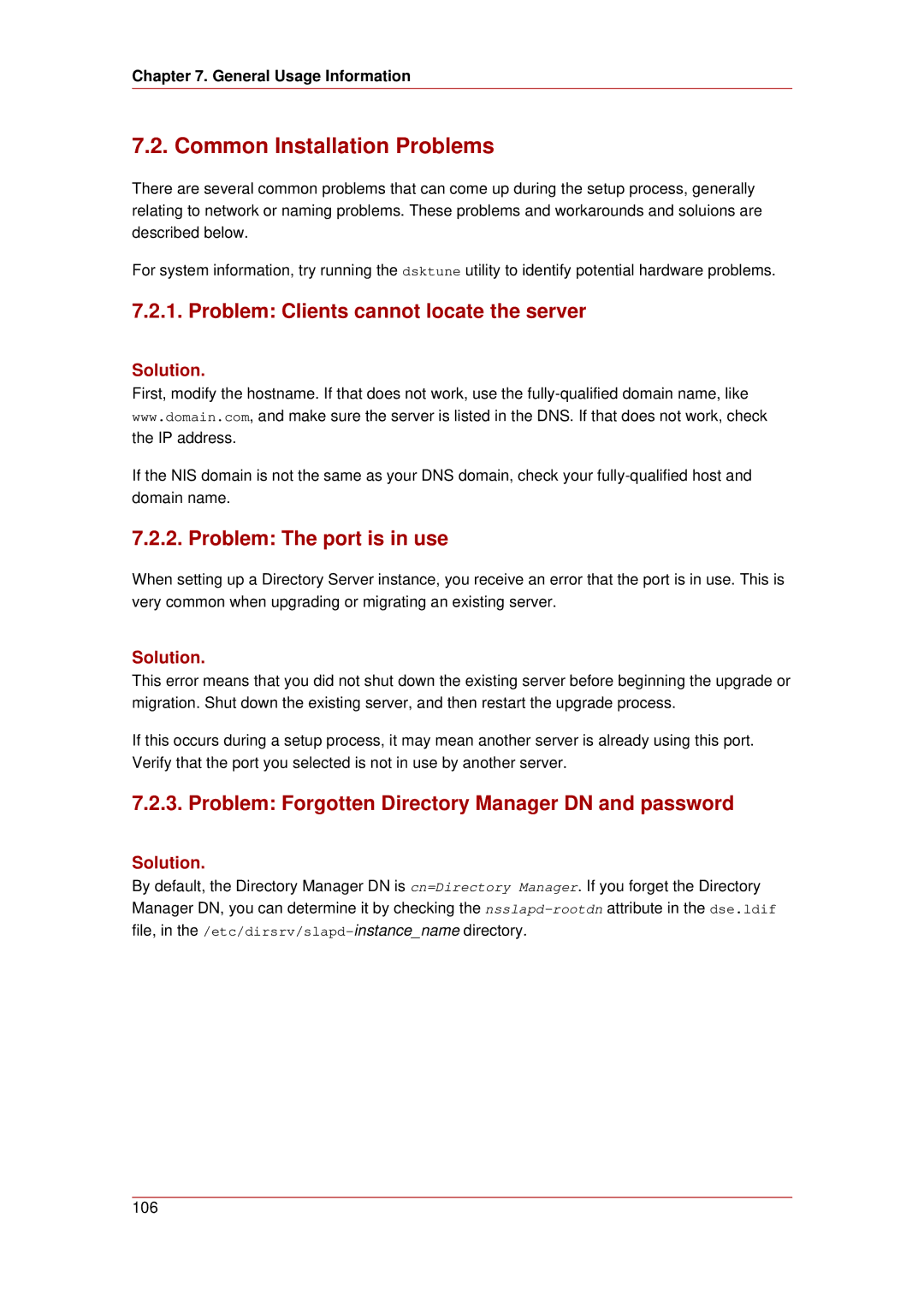 HP UX Red Hat Direry Server Software manual Common Installation Problems, Problem Clients cannot locate the server 
