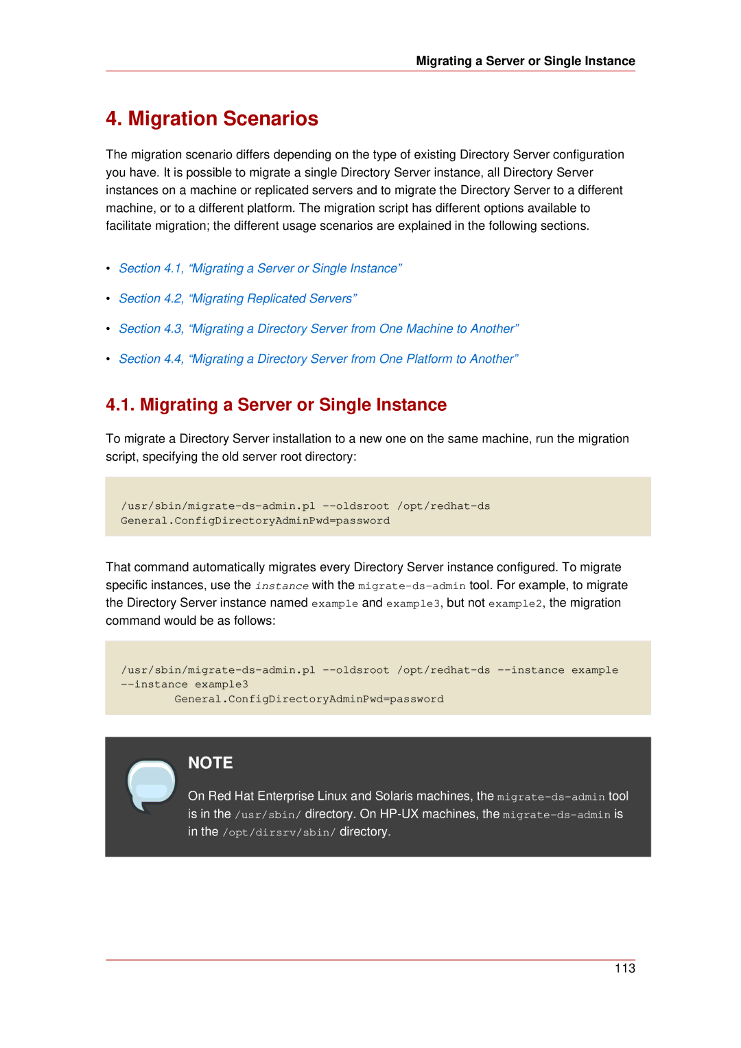 HP UX Red Hat Direry Server Software manual Migration Scenarios, Migrating a Server or Single Instance 