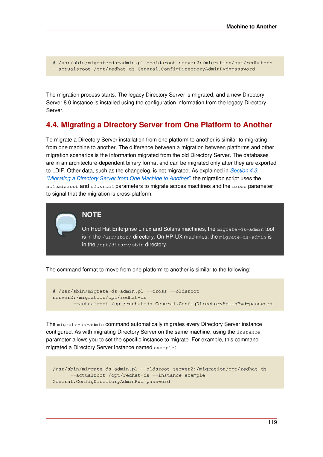 HP UX Red Hat Direry Server Software manual Migrating a Directory Server from One Platform to Another, Machine to Another 