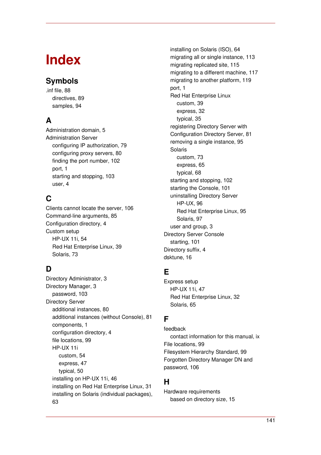 HP UX Red Hat Direry Server Software manual Index 