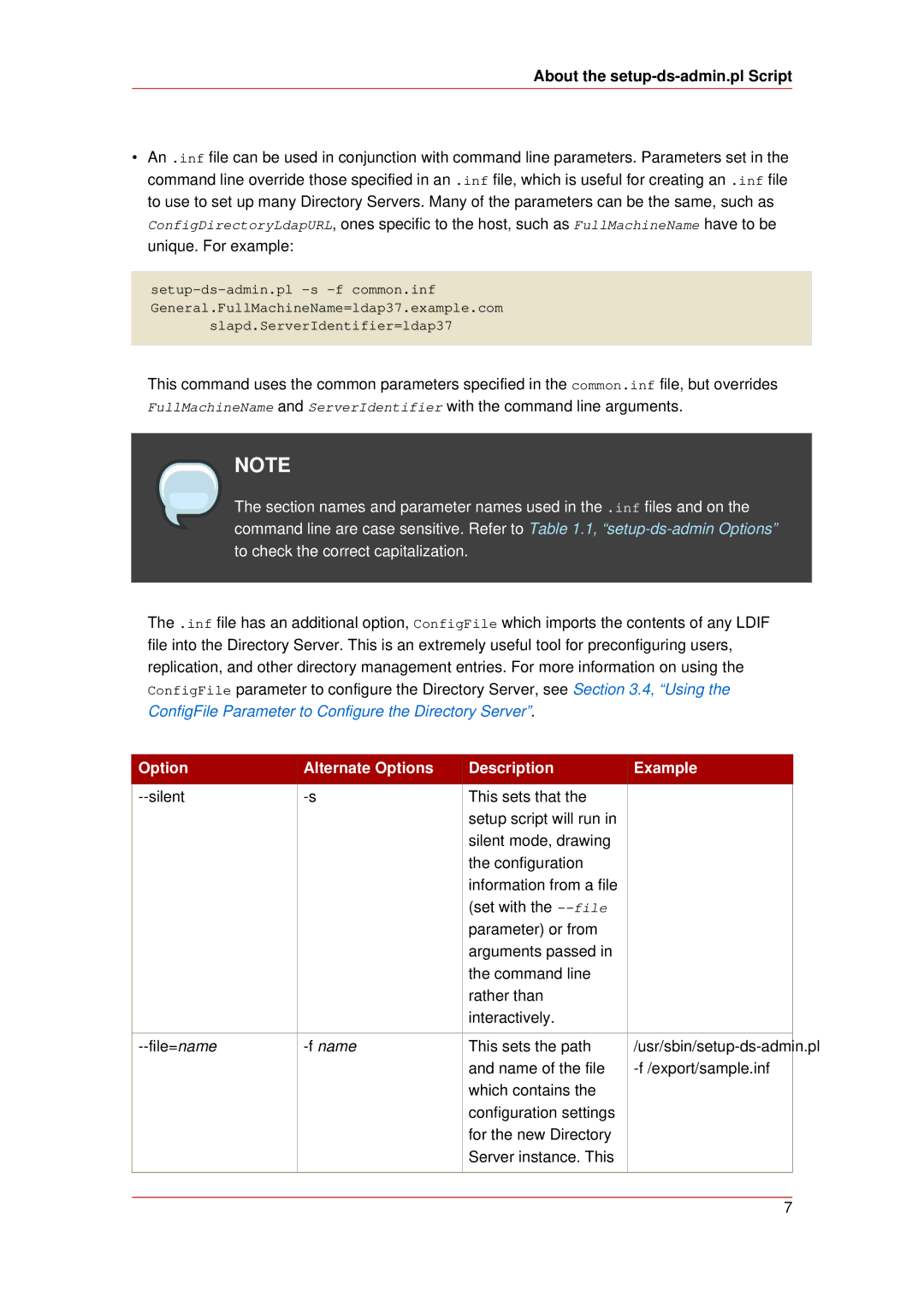 HP UX Red Hat Direry Server Software About the setup-ds-admin.pl Script, Option Alternate Options Description Example 