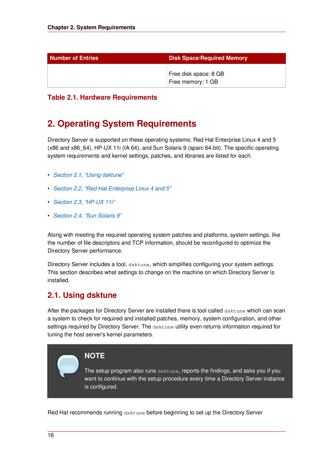 HP UX Red Hat Direry Server Software manual Operating System Requirements, Using dsktune, Hardware Requirements 