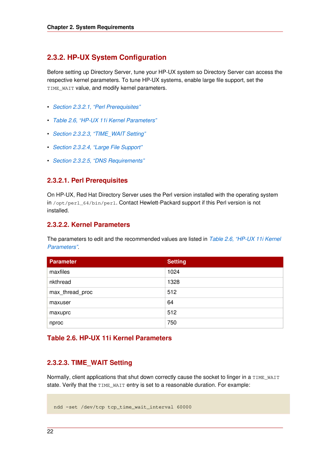 HP UX Red Hat Direry Server Software manual HP-UX System Configuration, Kernel Parameters 