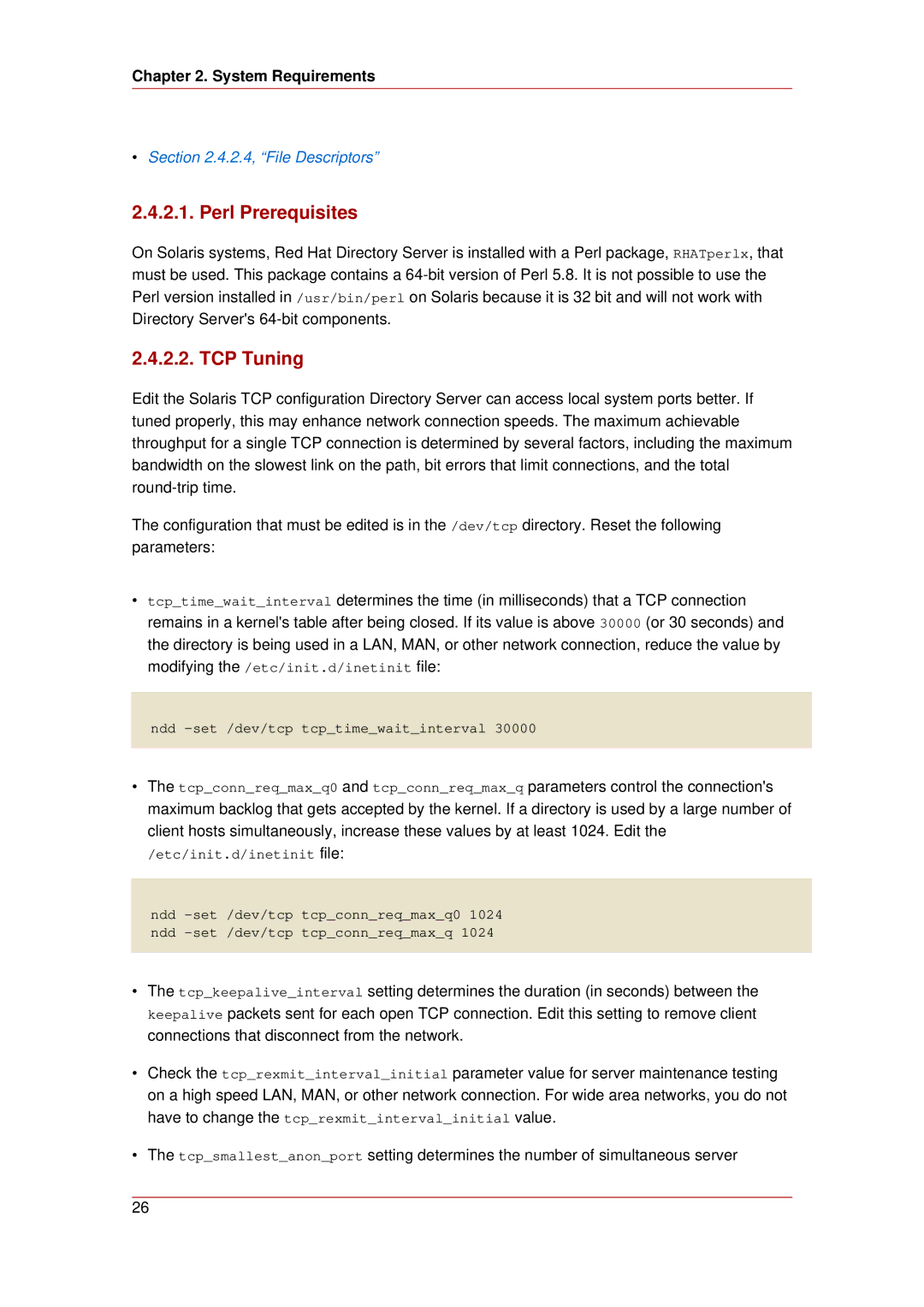 HP UX Red Hat Direry Server Software manual TCP Tuning, 2.4, File Descriptors 