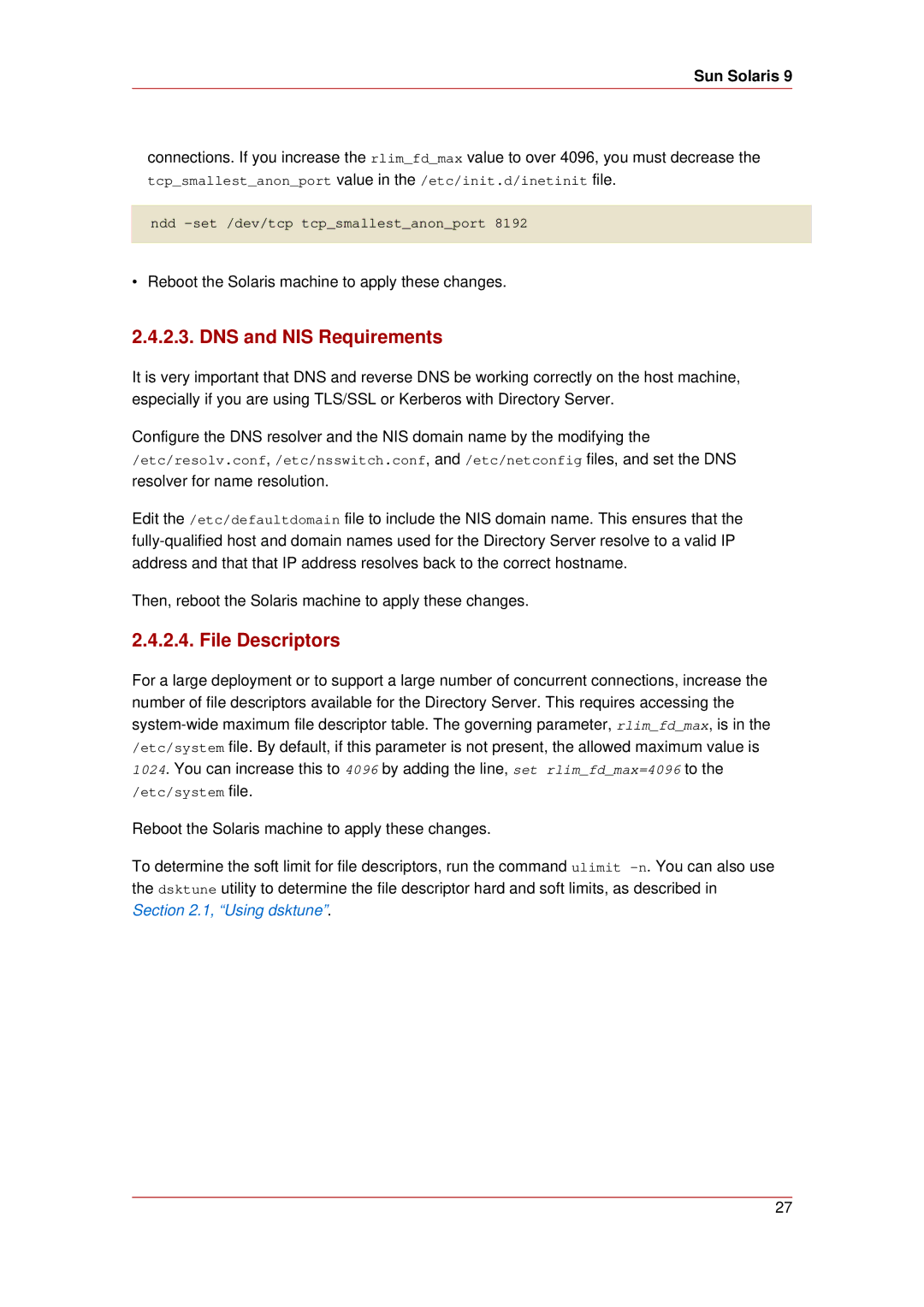 HP UX Red Hat Direry Server Software manual DNS and NIS Requirements, File Descriptors 