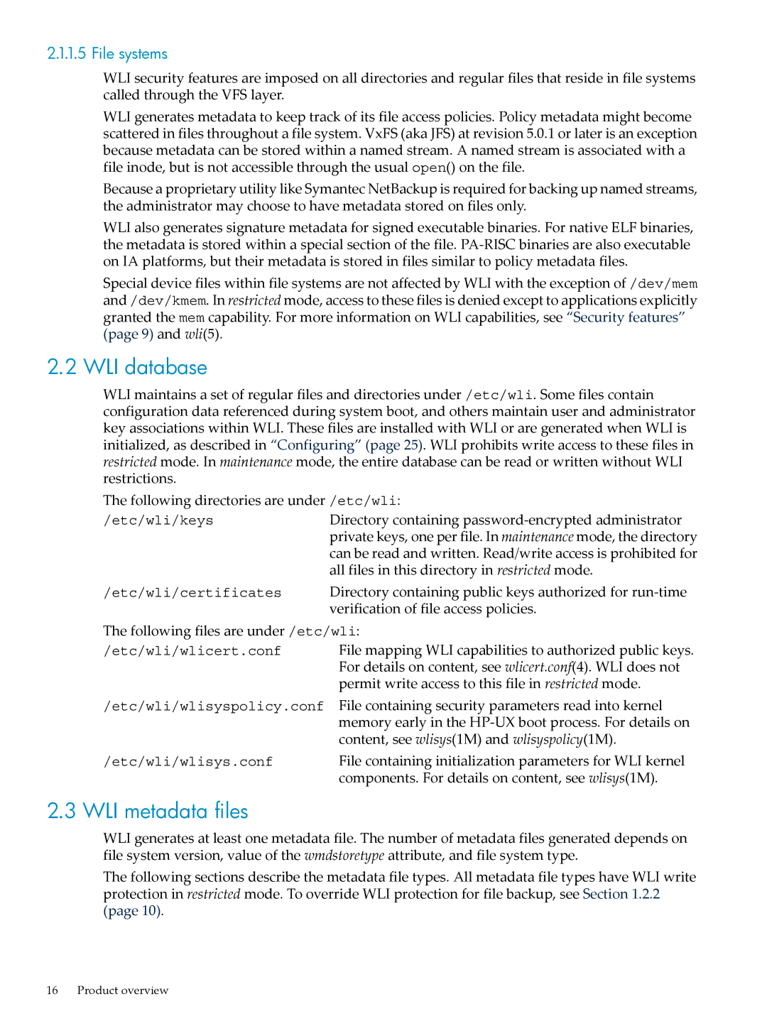 HP UX Security Products and Features Software manual WLI database, WLI metadata files 