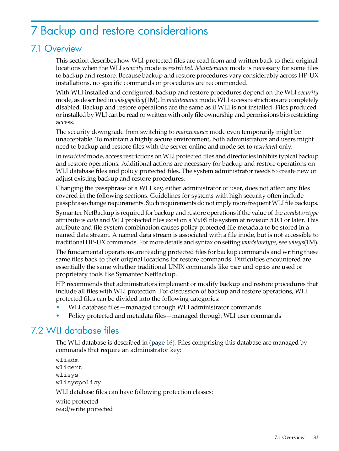 HP UX Security Products and Features Software manual Backup and restore considerations, Overview, WLI database files 
