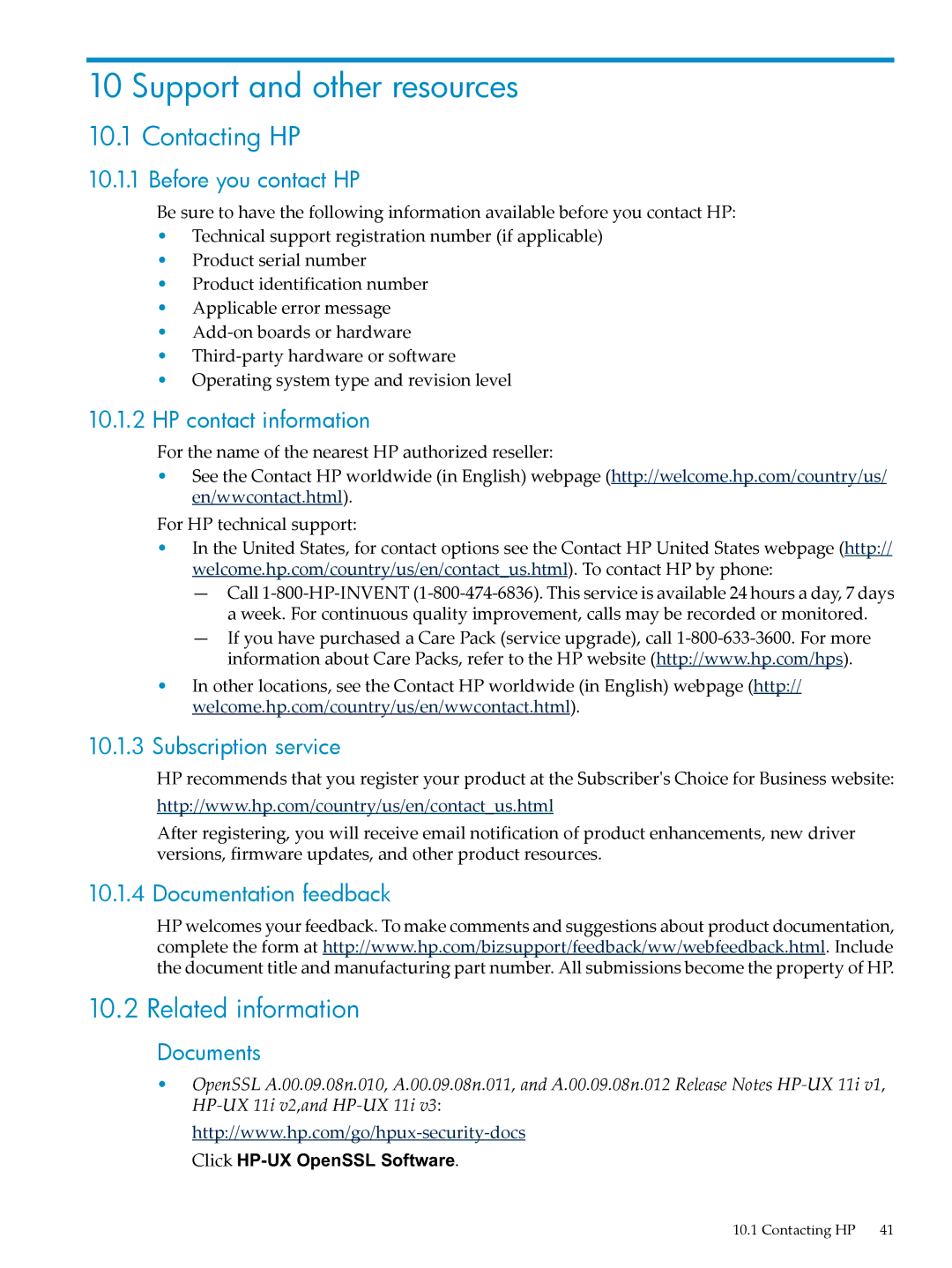 HP UX Security Products and Features Software manual Support and other resources, Contacting HP, Related information 