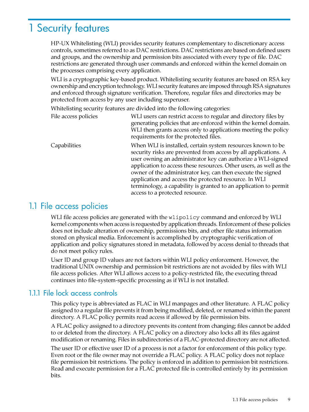 HP UX Security Products and Features Software manual Security features, File access policies, File lock access controls 