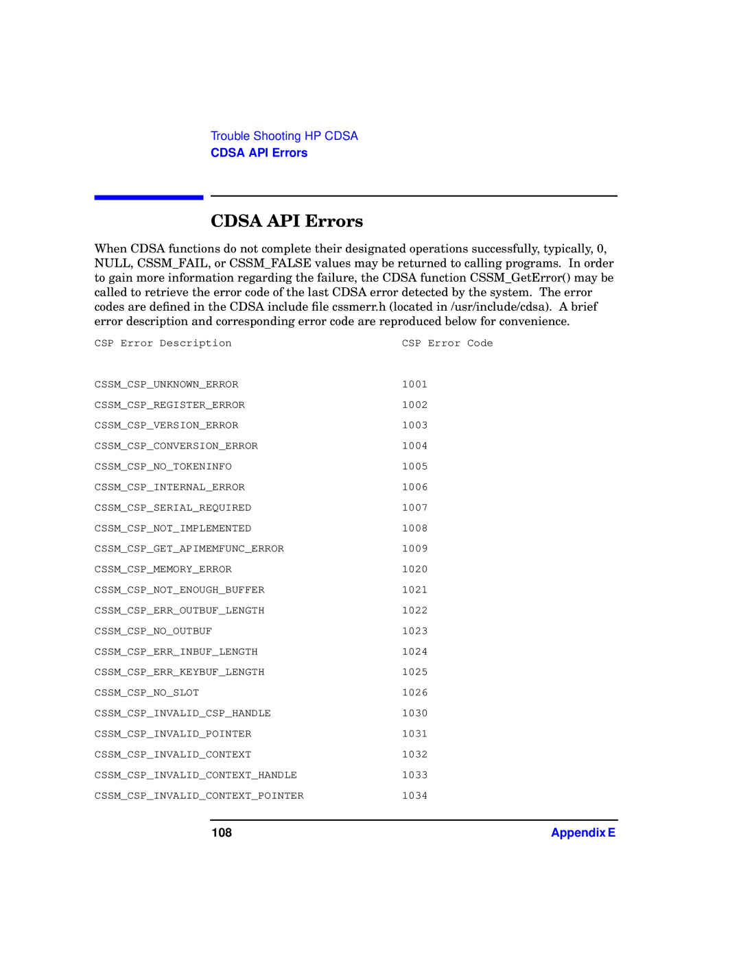 HP UX Security Products and Features Software manual Cdsa API Errors, 108 