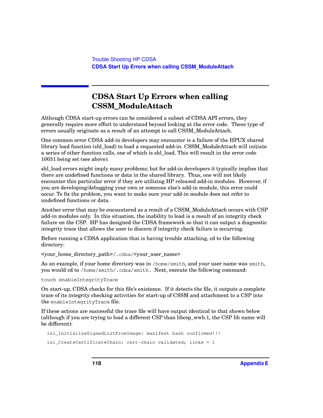 HP UX Security Products and Features Software manual Cdsa Start Up Errors when calling CSSMModuleAttach, 118 