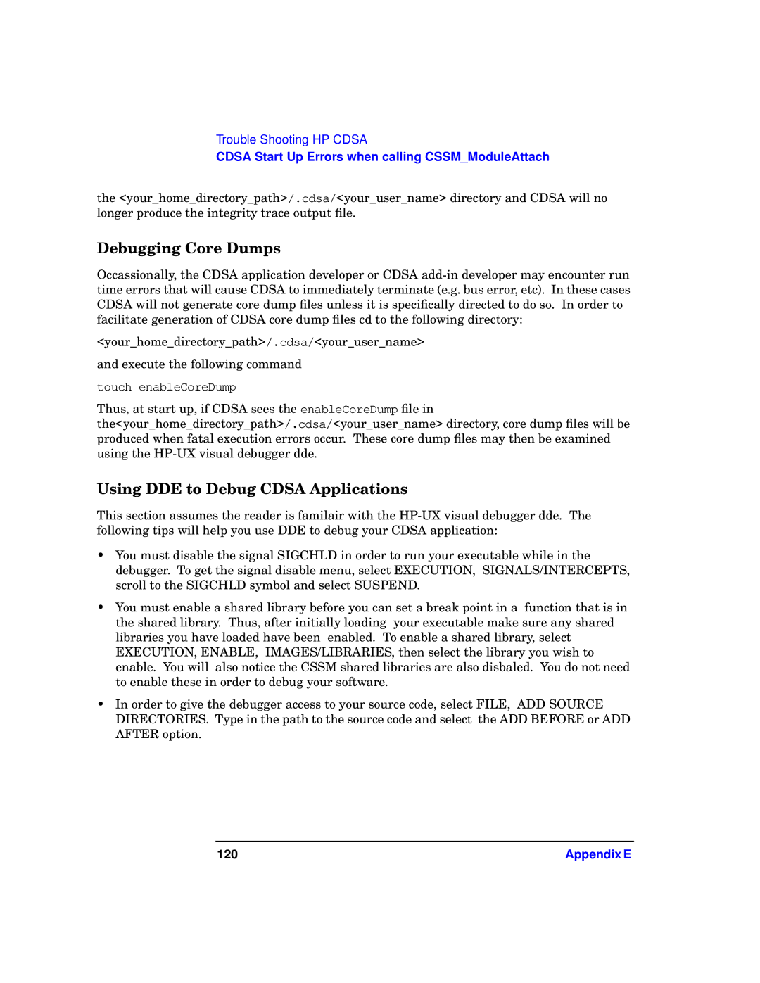 HP UX Security Products and Features Software manual Debugging Core Dumps, Using DDE to Debug Cdsa Applications, 120 