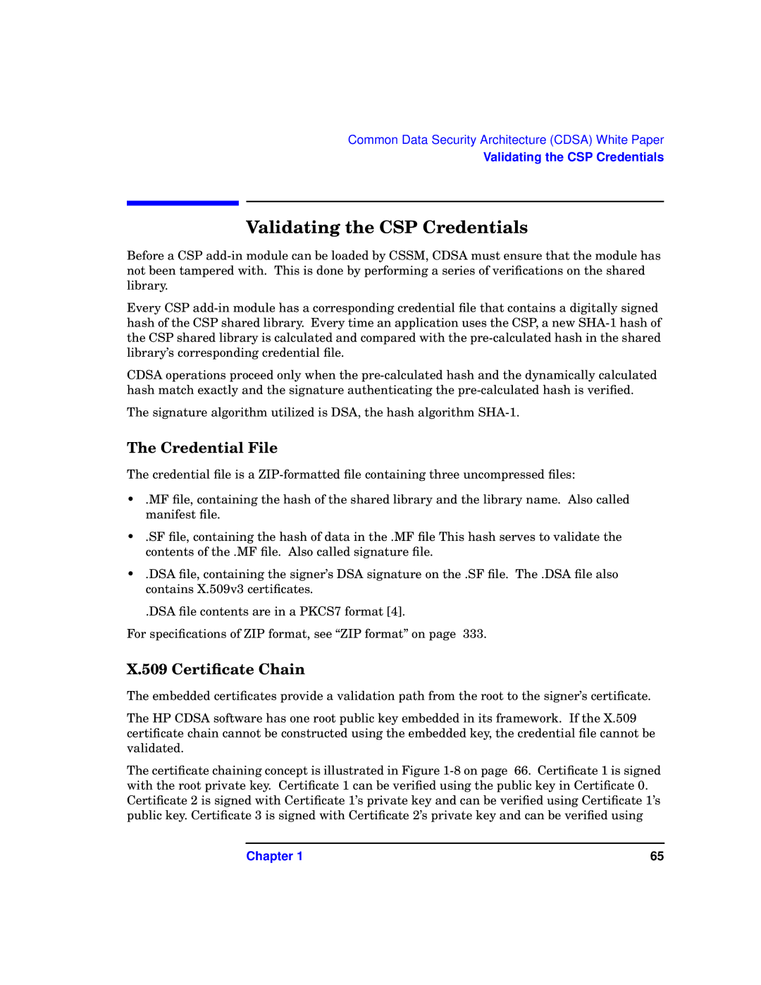 HP UX Security Products and Features Software manual Validating the CSP Credentials, Credential File, Certiﬁcate Chain 