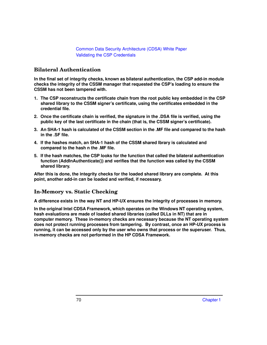 HP UX Security Products and Features Software manual Bilateral Authentication, In-Memory vs. Static Checking 