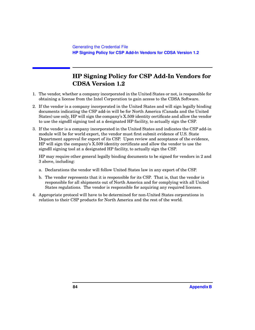 HP UX Security Products and Features Software manual HP Signing Policy for CSP Add-In Vendors for Cdsa Version 