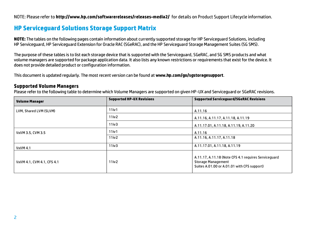 HP UX Serviceguard High Availability Software HP Serviceguard Solutions Storage Support Matrix, Supported Volume Managers 