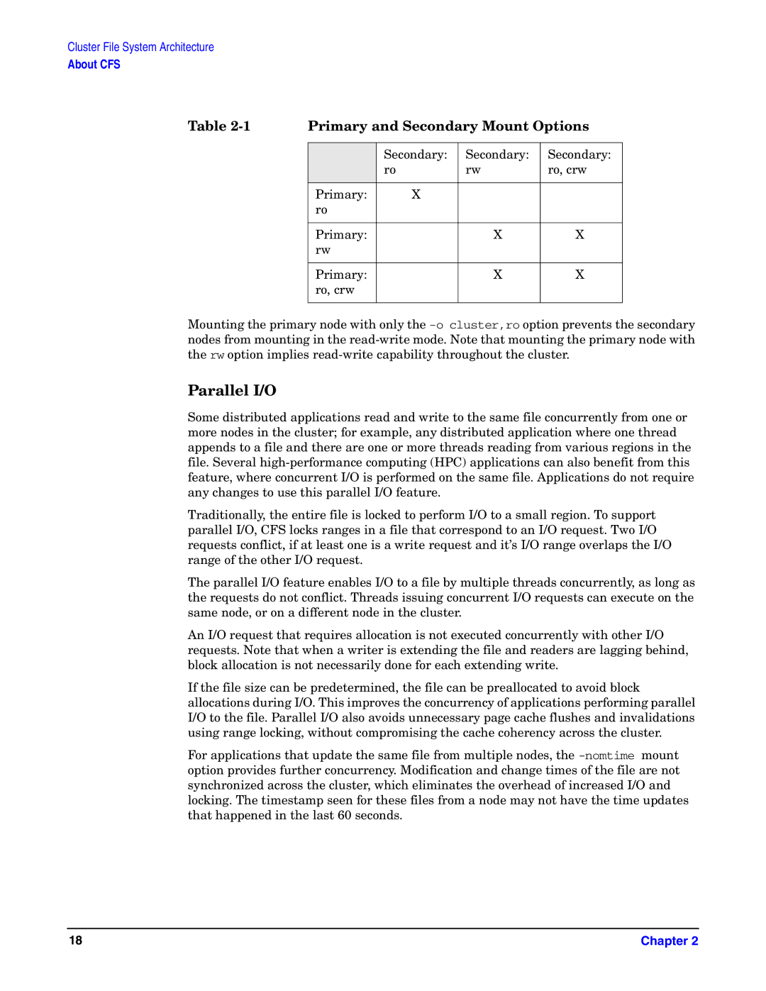 HP UX Serviceguard Storage Management Software manual Parallel I/O, Primary and Secondary Mount Options 