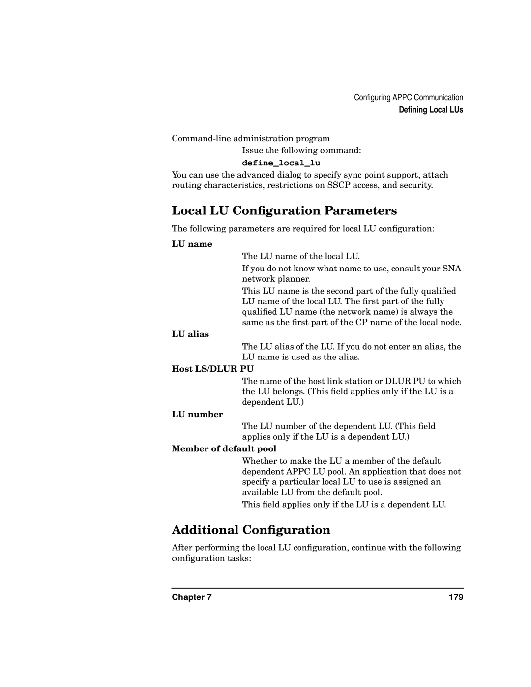 HP UX SNAplus2 manual Local LU Conﬁguration Parameters, Definelocallu, LU alias, LU number, Member of default pool 