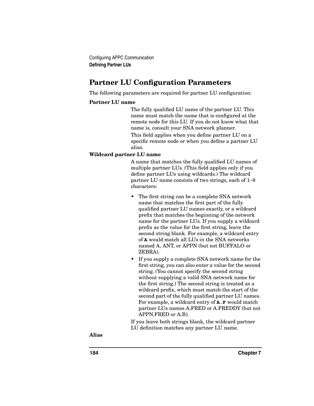 HP UX SNAplus2 manual Partner LU Conﬁguration Parameters, Partner LU name, Wildcard partner LU name, Alias 