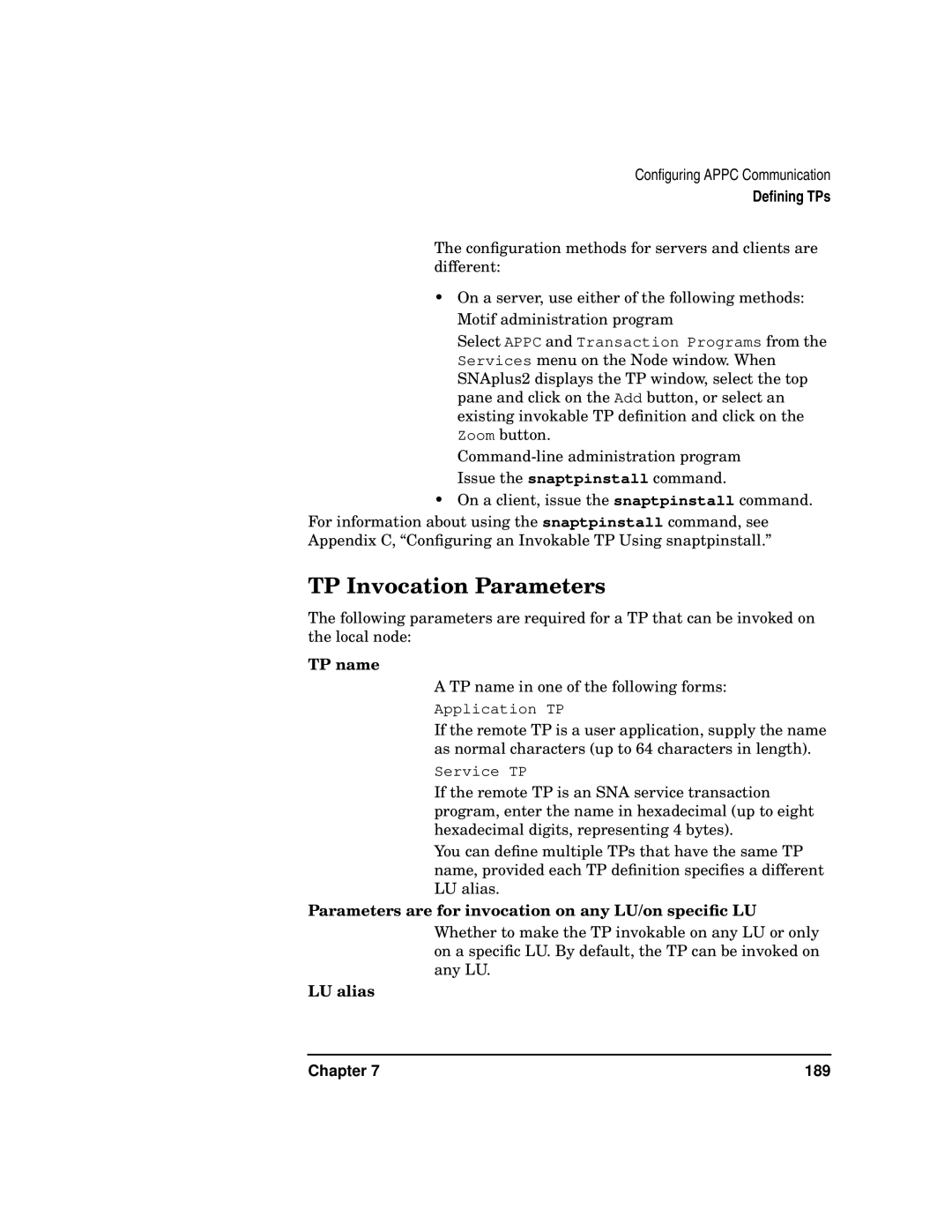 HP UX SNAplus2 manual TP Invocation Parameters, TP name, Parameters are for invocation on any LU/on speciﬁc LU 