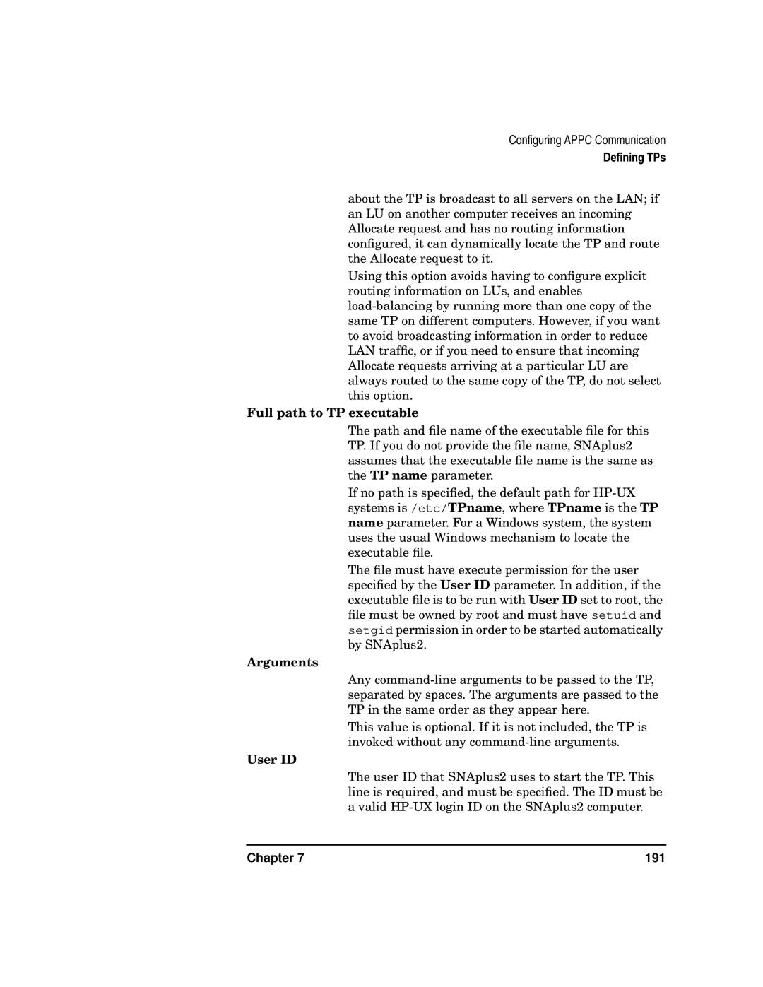 HP UX SNAplus2 manual Full path to TP executable, Arguments, User ID 