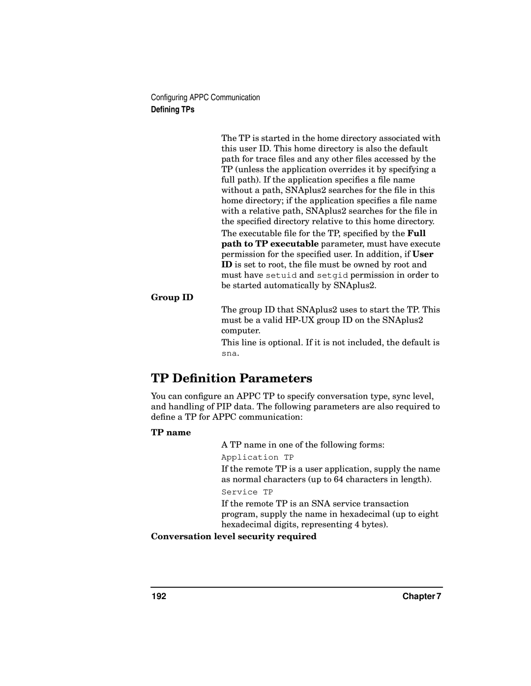 HP UX SNAplus2 manual TP Deﬁnition Parameters, Group ID, Conversation level security required 