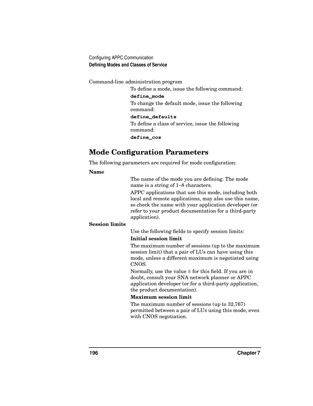 HP UX SNAplus2 manual Mode Conﬁguration Parameters, Session limits, Initial session limit, Maximum session limit 