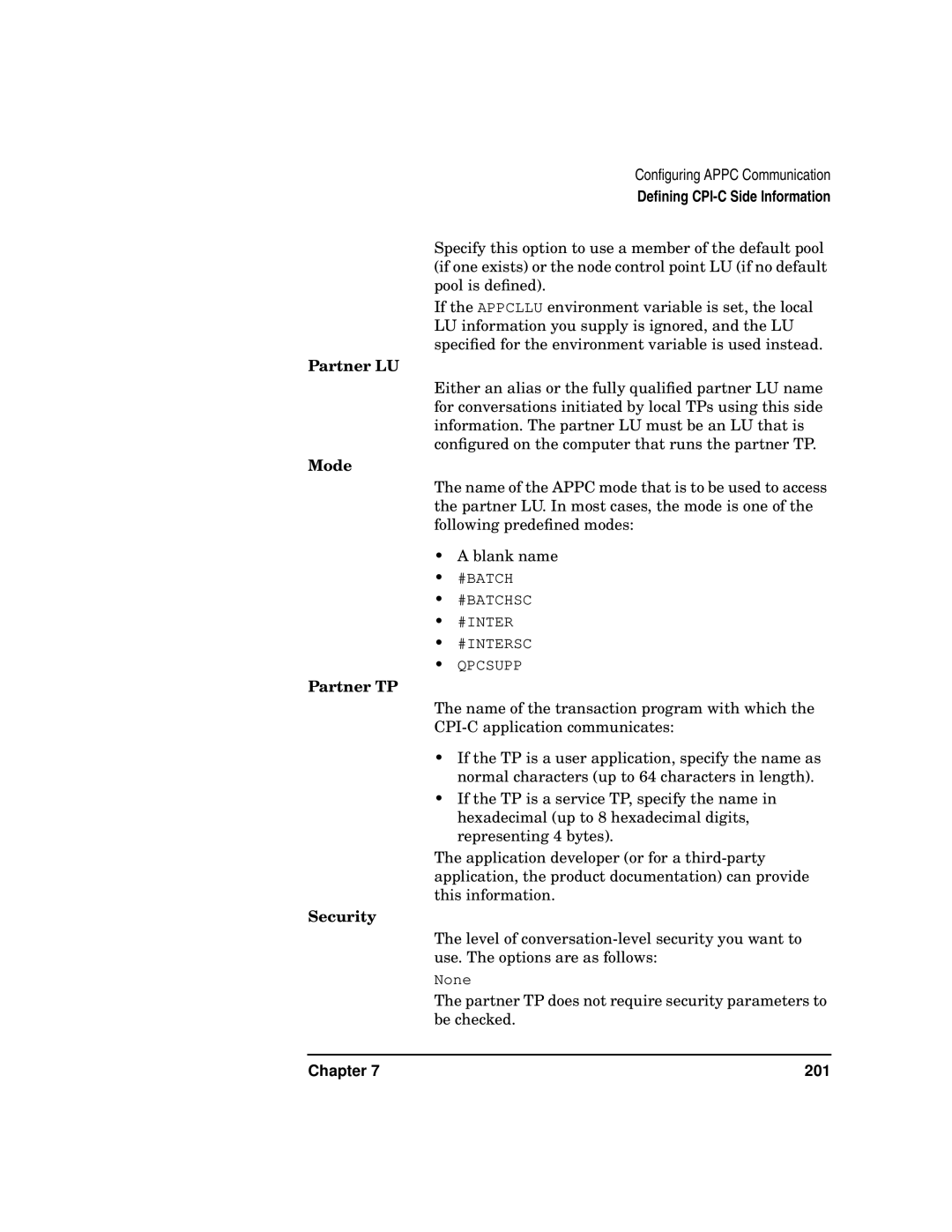 HP UX SNAplus2 manual Partner LU, Mode, Partner TP, Security 