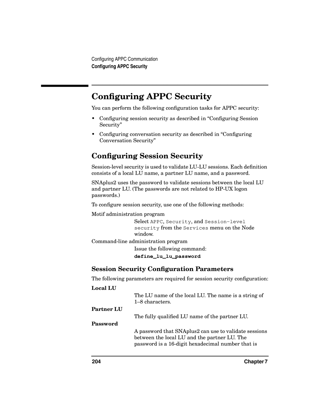 HP UX SNAplus2 manual Conﬁguring Appc Security, Conﬁguring Session Security, Session Security Conﬁguration Parameters 