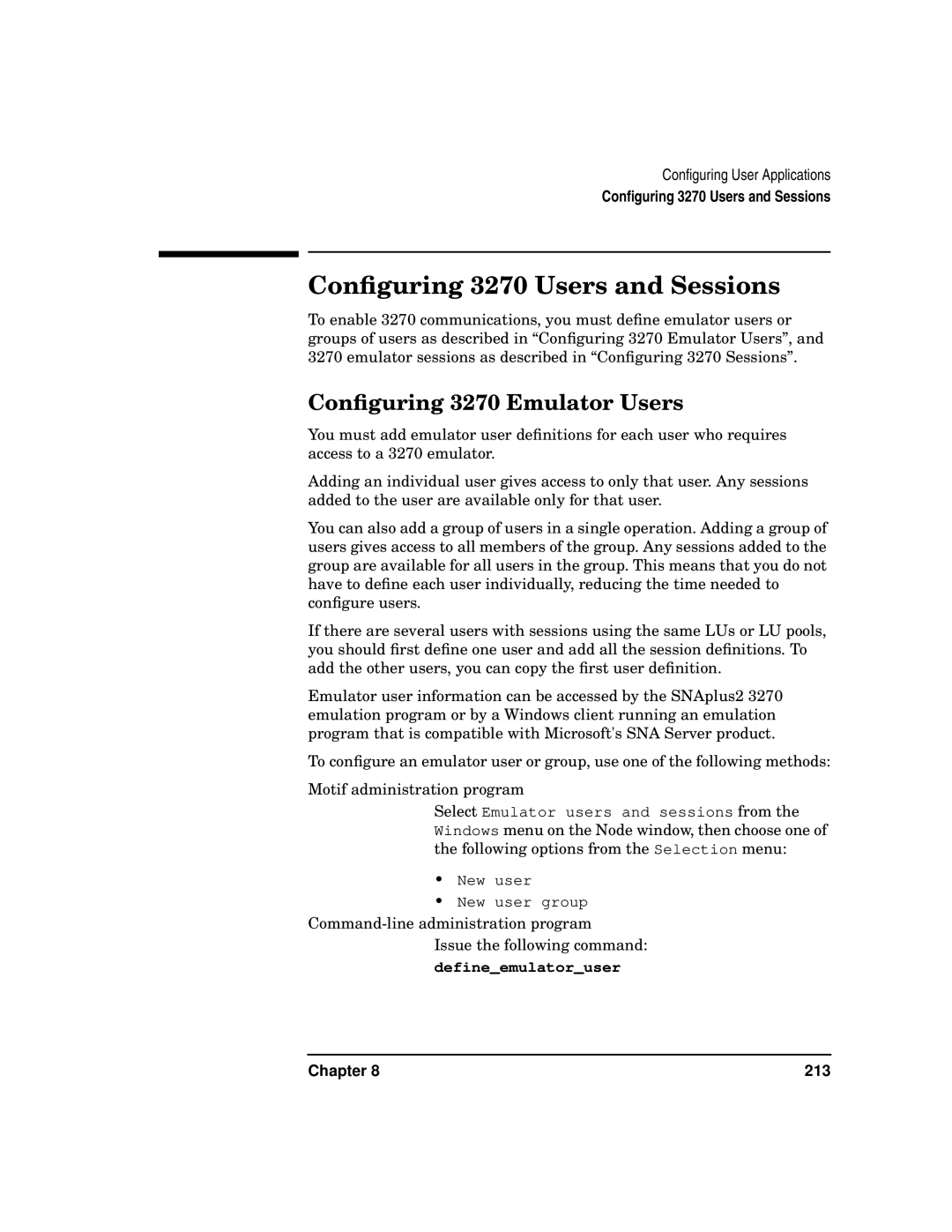 HP UX SNAplus2 manual Conﬁguring 3270 Users and Sessions, Conﬁguring 3270 Emulator Users, Defineemulatoruser 