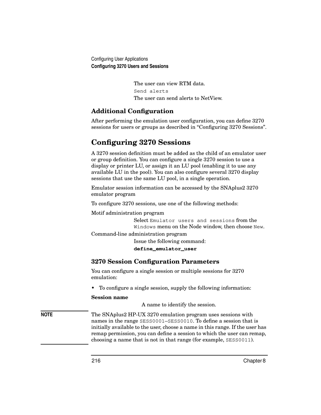 HP UX SNAplus2 manual Conﬁguring 3270 Sessions, Session Conﬁguration Parameters, Session name 