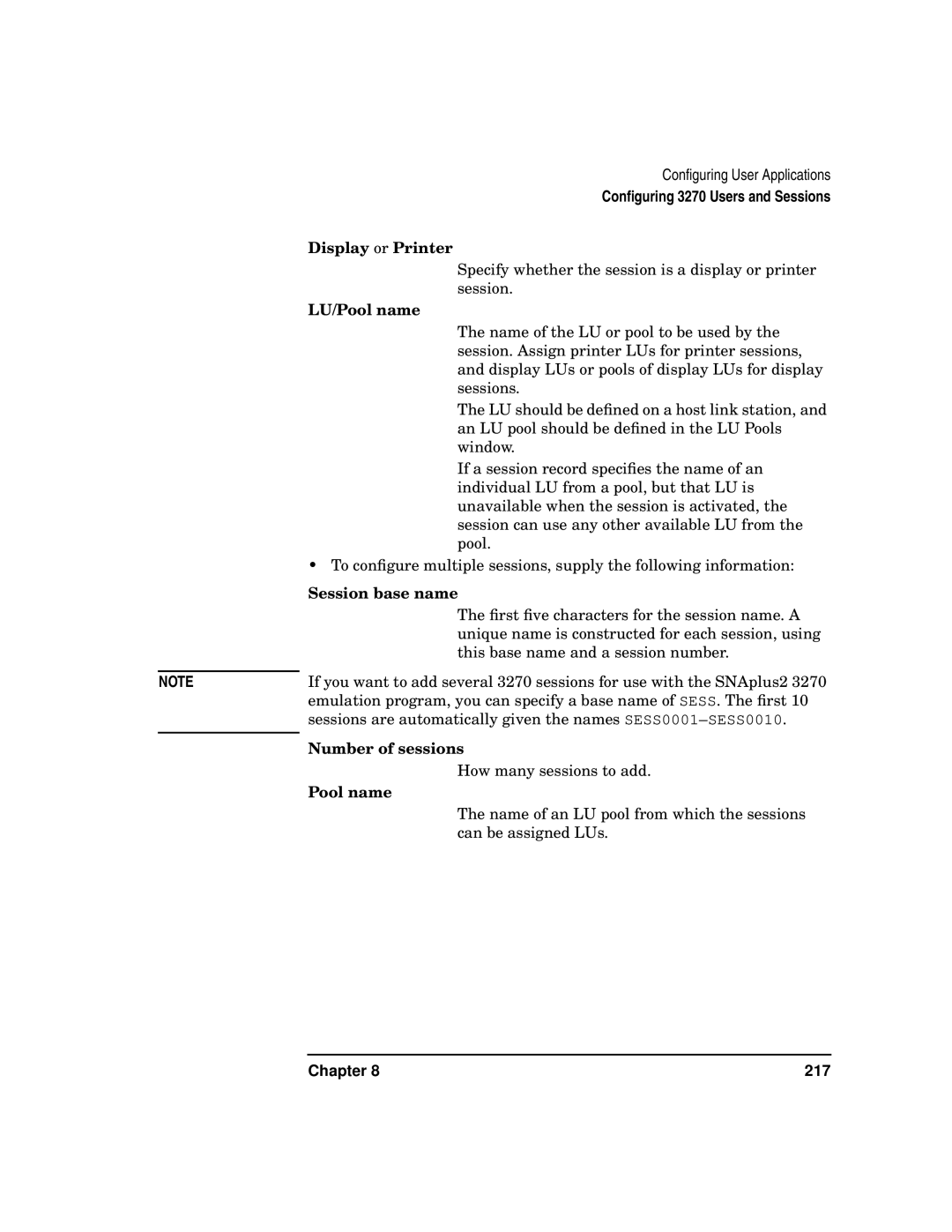 HP UX SNAplus2 manual Display or Printer, LU/Pool name, Session base name, Number of sessions 