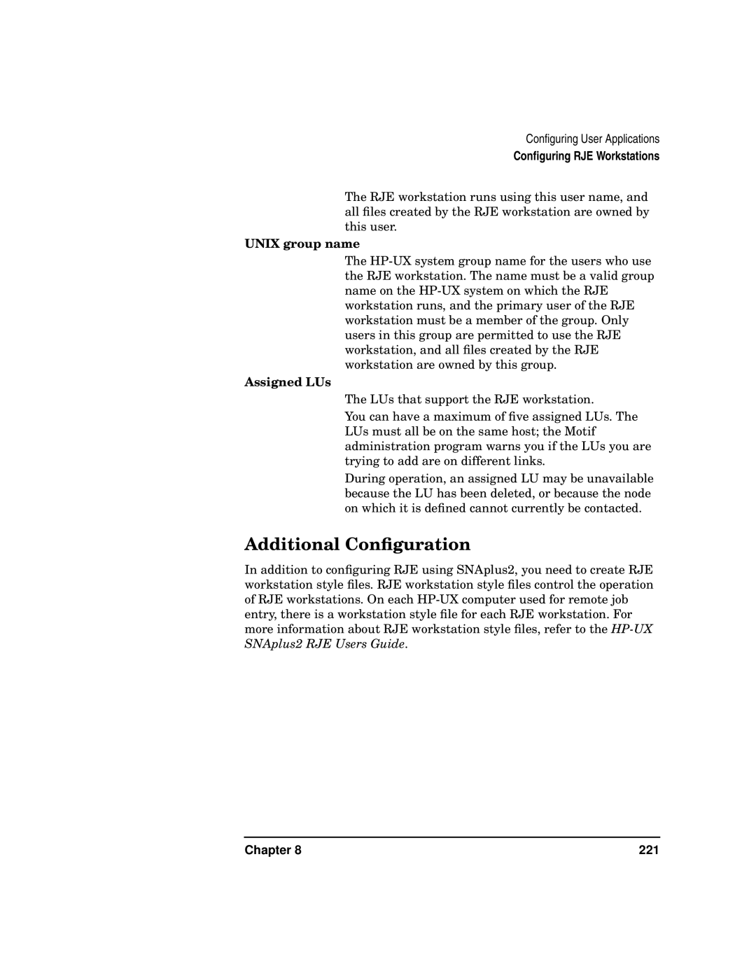 HP UX SNAplus2 manual Unix group name, Assigned LUs 