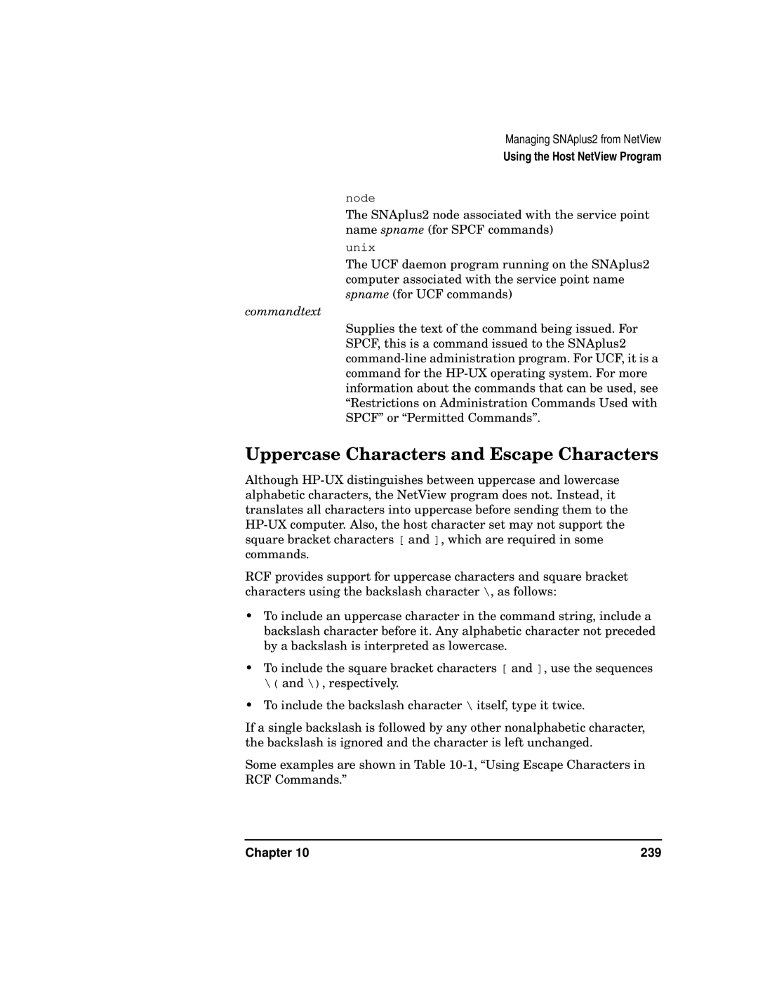 HP UX SNAplus2 manual Uppercase Characters and Escape Characters, Commandtext 