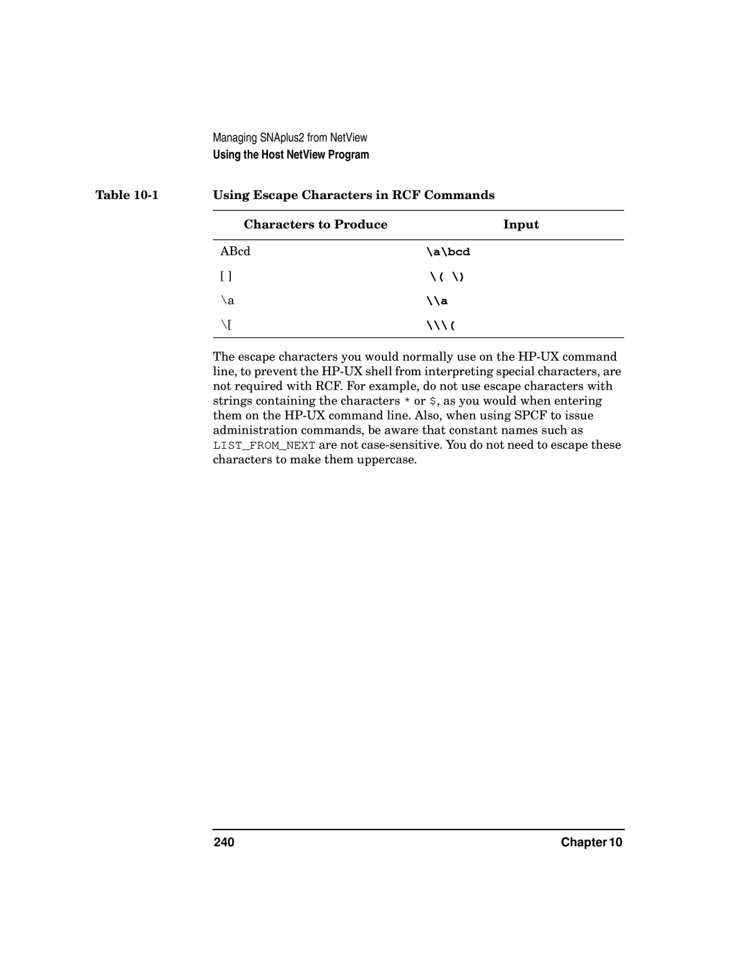 HP UX SNAplus2 manual Using Escape Characters in RCF Commands, Characters to Produce Input ABcd 