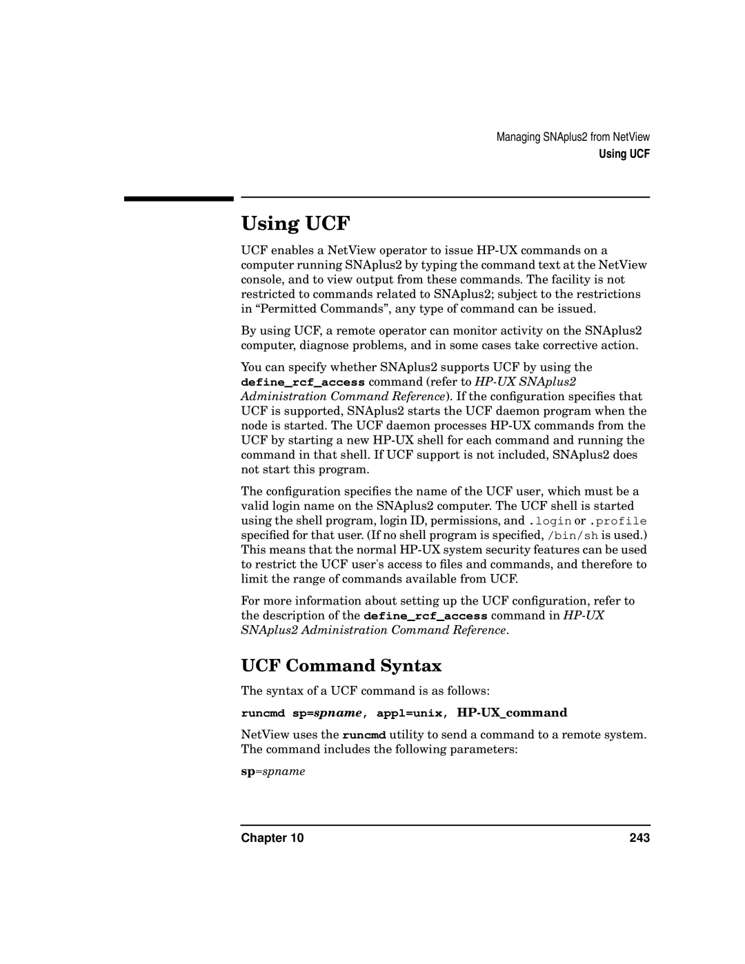 HP UX SNAplus2 manual Using UCF, UCF Command Syntax, Runcmd sp=spname, appl=unix, HP-UXcommand 