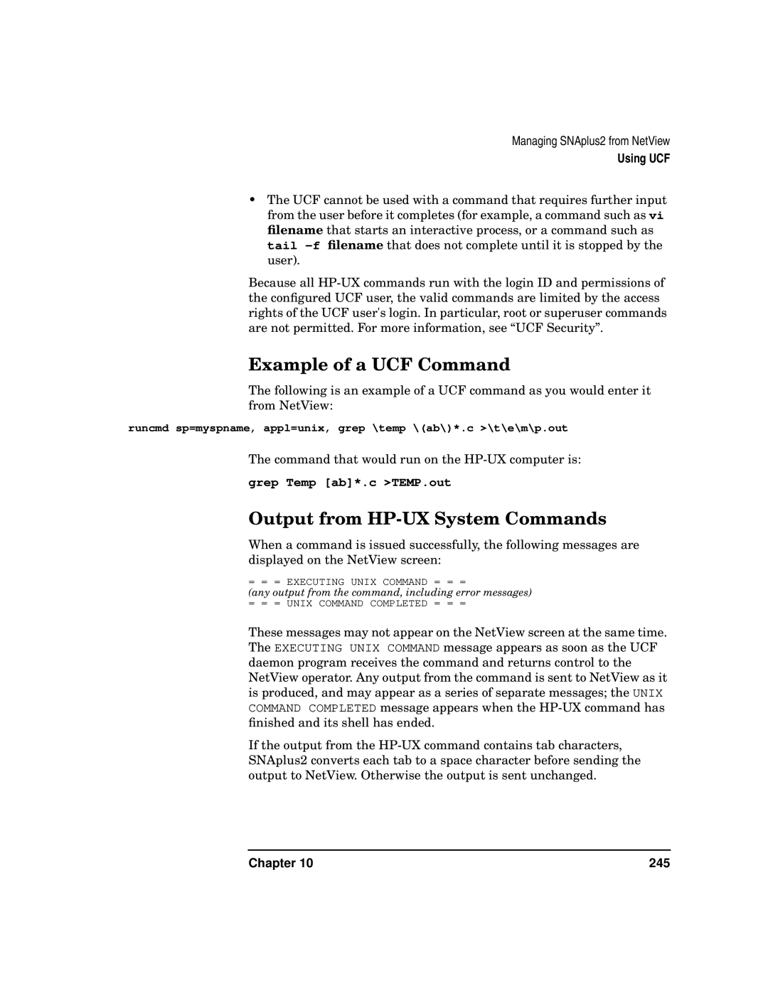 HP UX SNAplus2 manual Example of a UCF Command, Output from HP-UX System Commands, Grep Temp ab*.c TEMP.out 