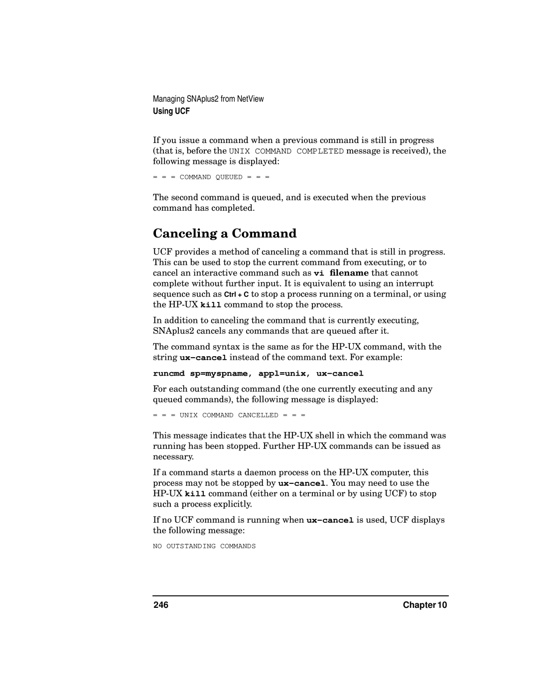 HP UX SNAplus2 manual Canceling a Command, Runcmd sp=myspname, appl=unix, ux-cancel 