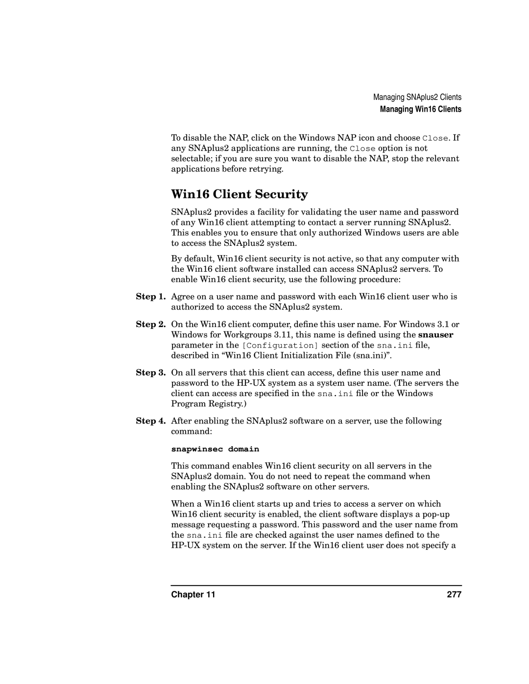 HP UX SNAplus2 manual Win16 Client Security, Snapwinsec domain 