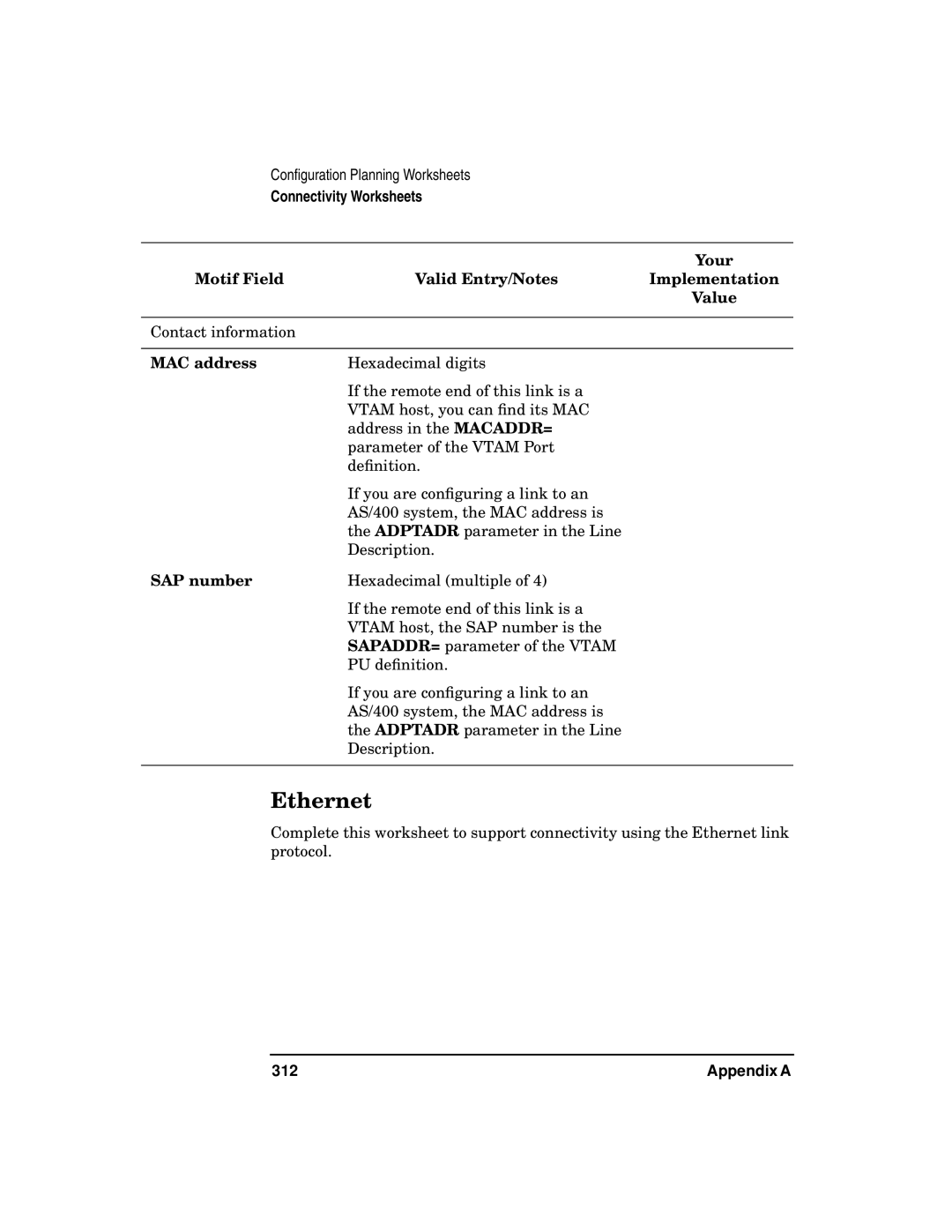 HP UX SNAplus2 manual Ethernet, Motif Field Valid Entry/Notes Implementation Value 