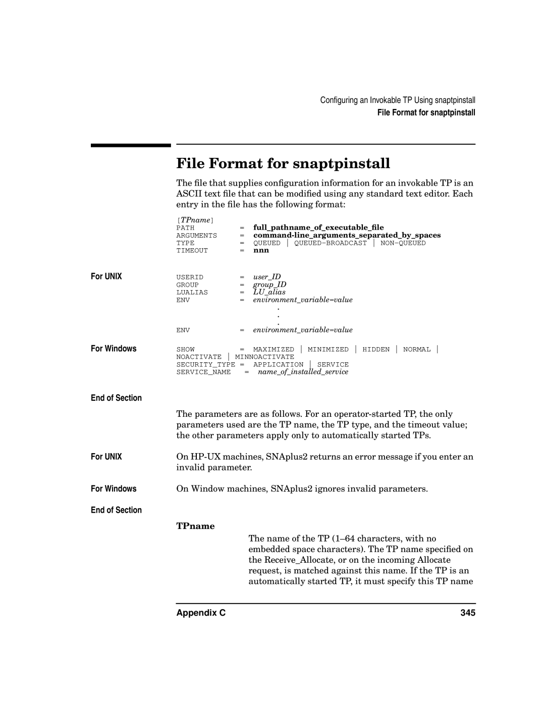 HP UX SNAplus2 manual File Format for snaptpinstall, TPname 