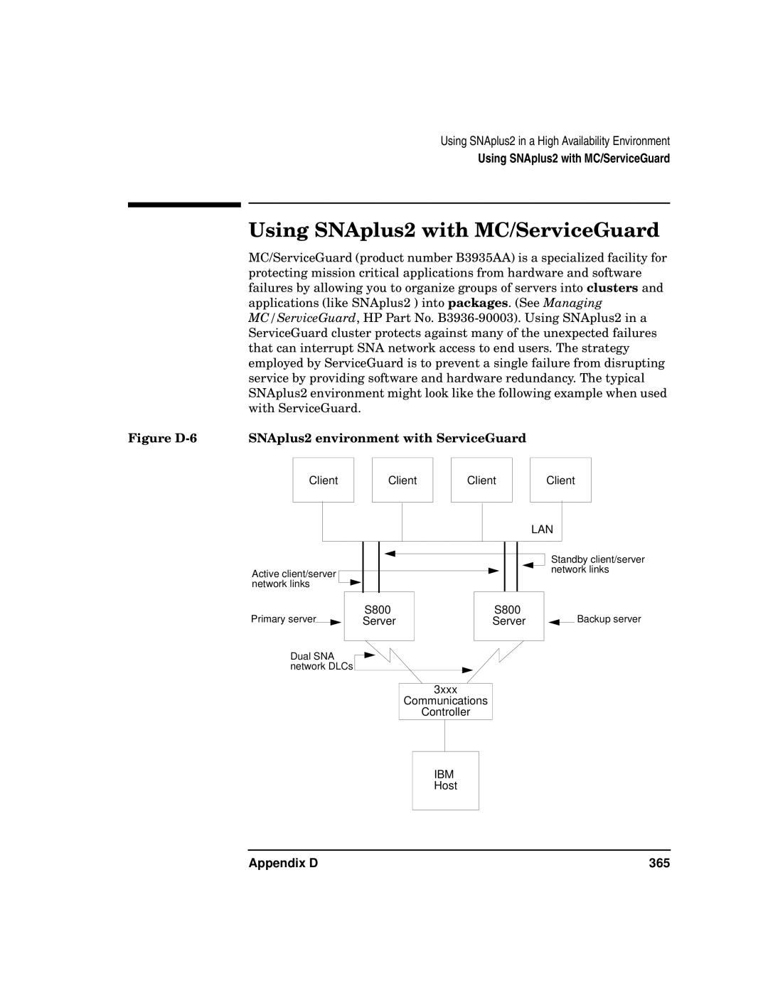 HP UX SNAplus2 manual Using SNAplus2 with MC/ServiceGuard, Figure D-6 SNAplus2 environment with ServiceGuard 