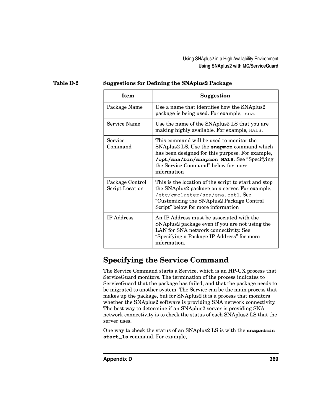 HP UX SNAplus2 manual Specifying the Service Command, Table D-2 Suggestions for Deﬁning the SNAplus2 Package 