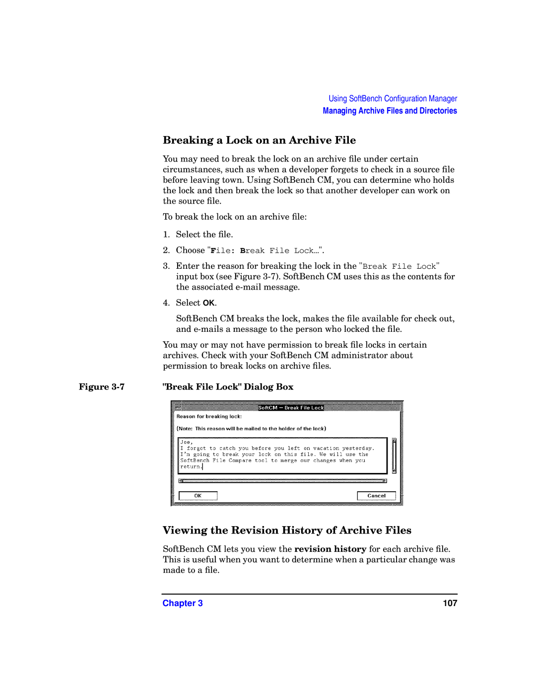 HP UX SoftBench Software manual Breaking a Lock on an Archive File, Viewing the Revision History of Archive Files 