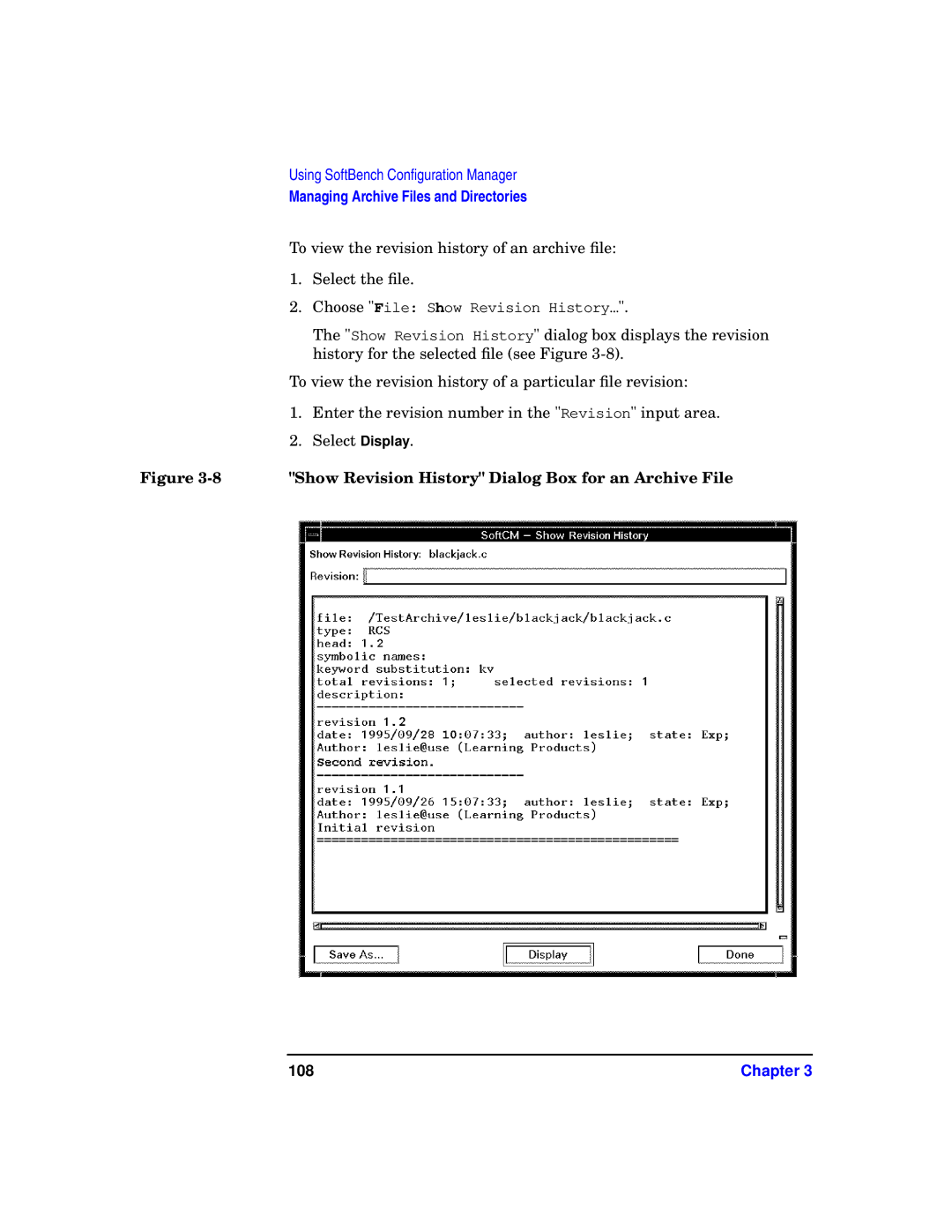 HP UX SoftBench Software manual Show Revision History Dialog Box for an Archive File, 108 