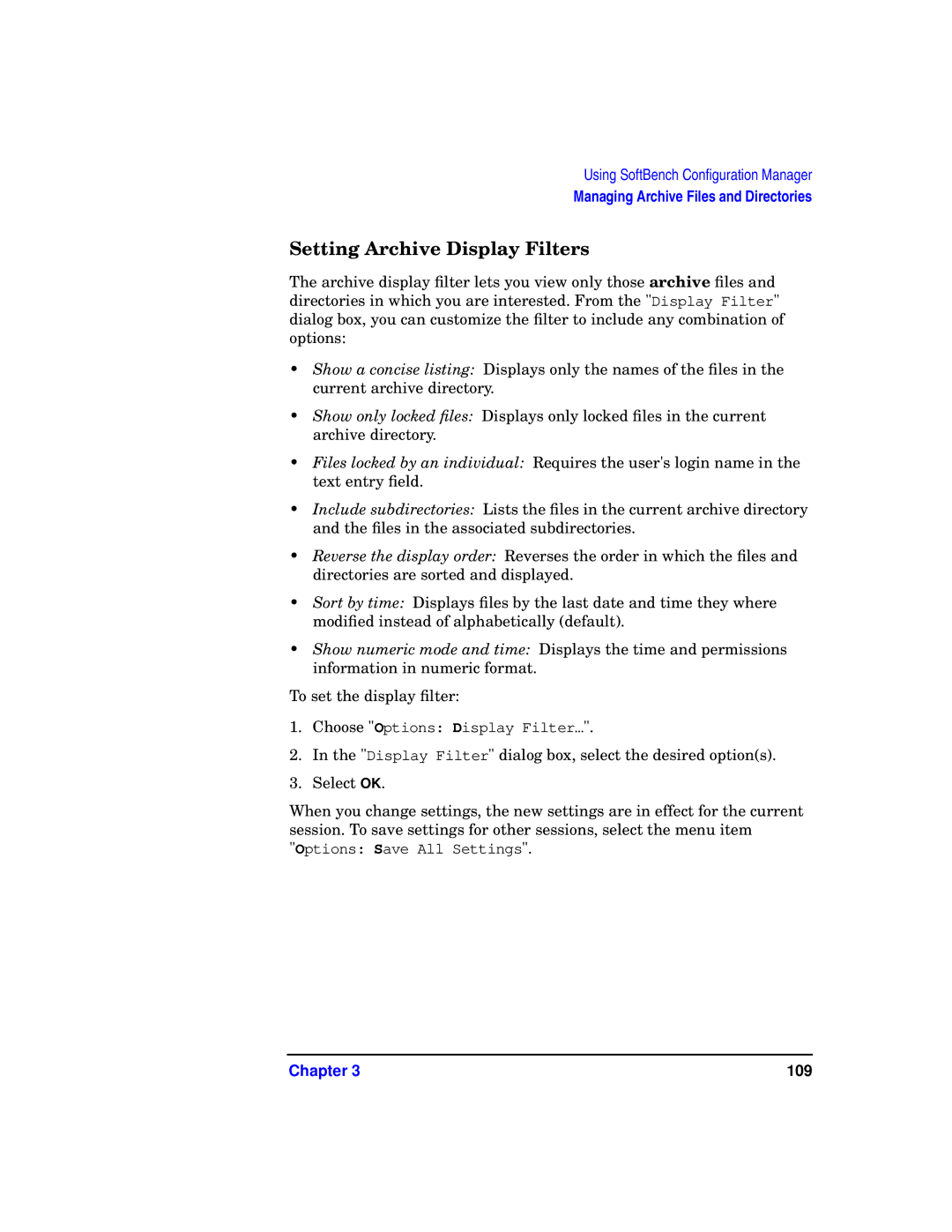 HP UX SoftBench Software manual Setting Archive Display Filters 