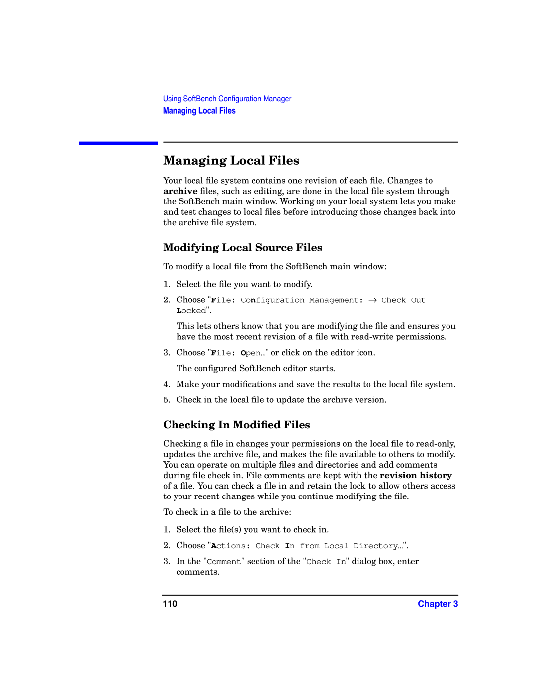 HP UX SoftBench Software manual Managing Local Files, Modifying Local Source Files, Checking In Modiﬁed Files, 110 