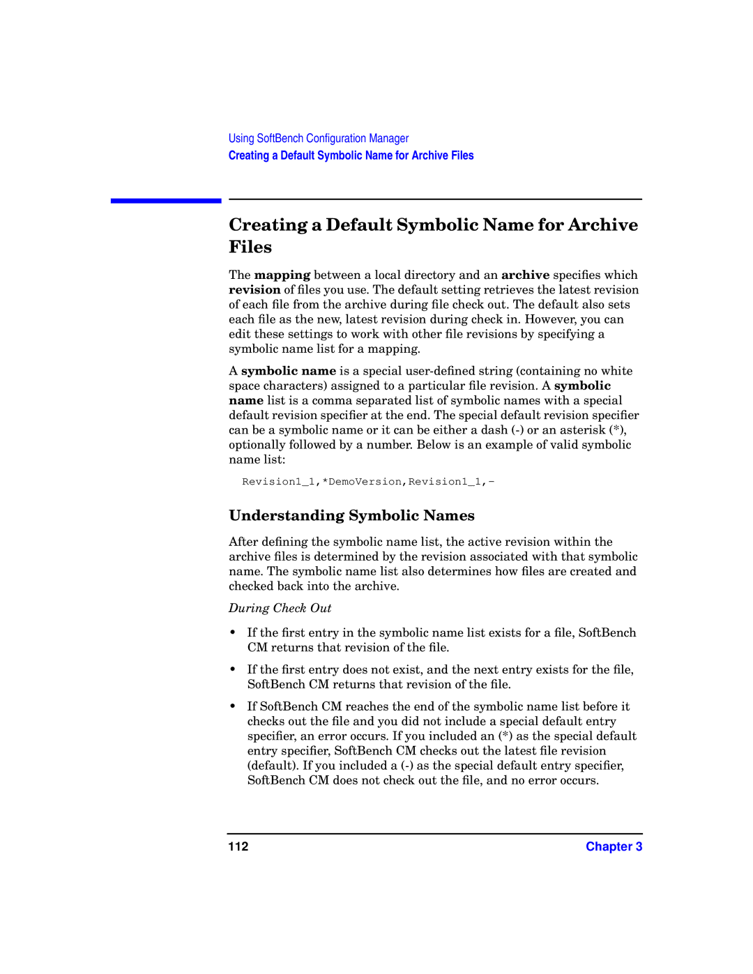 HP UX SoftBench Software manual Creating a Default Symbolic Name for Archive Files, Understanding Symbolic Names, 112 