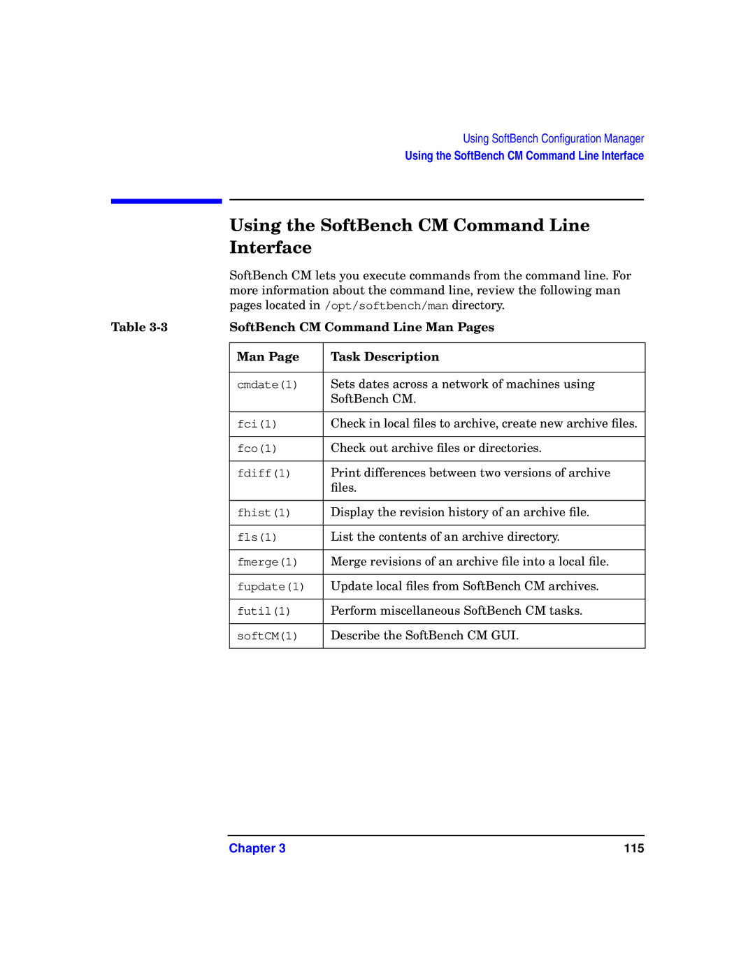 HP UX SoftBench Software manual Using the SoftBench CM Command Line Interface, SoftBench CM Command Line Man Pages 